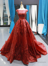 Burgundy Sequins Ball Gown Cap Sleeve Backless Prom Dress